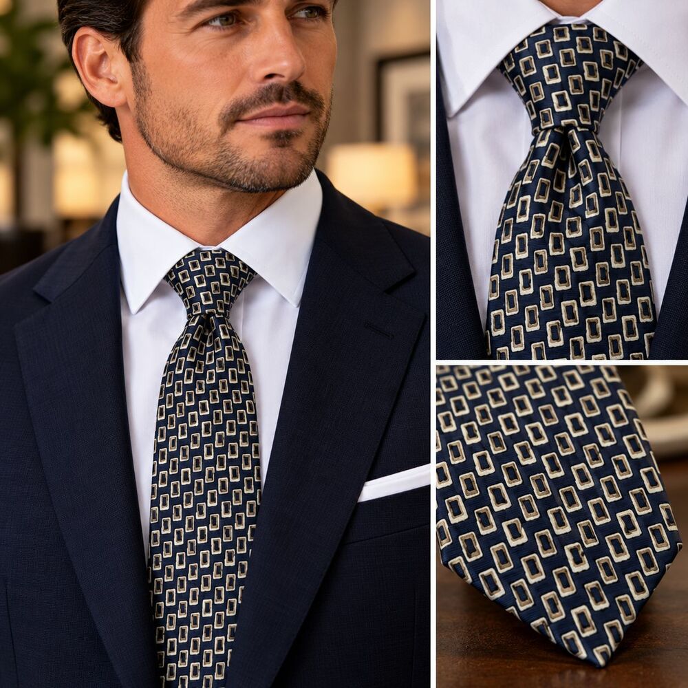 Kenneth Cole New York Tie Mens One Size Blue Silk Geometric Rectangle Necktie